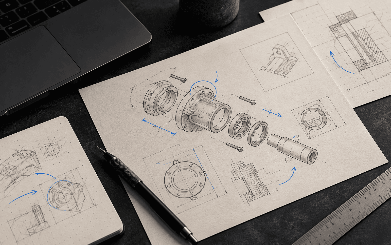 Editorial technical workspace with papers and blue marks