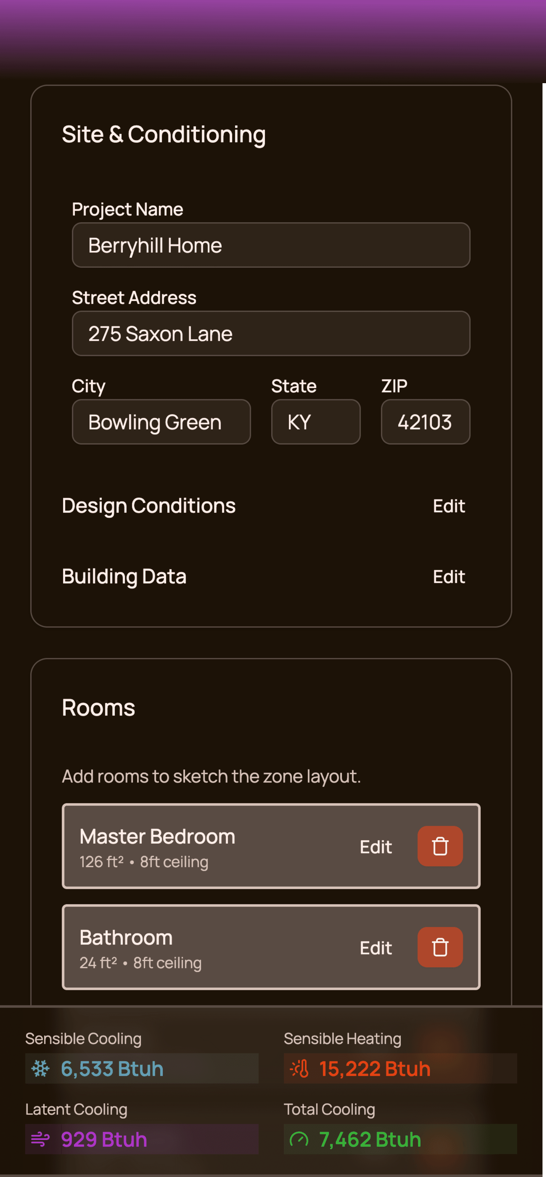 Load Calc Guru application screen showing site and conditioning inputs and room calculations