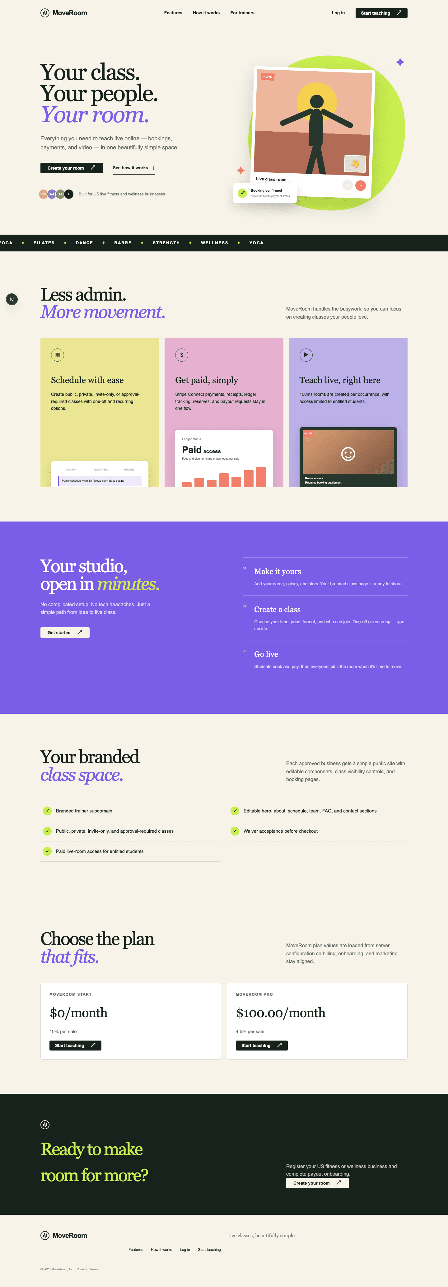 MoveRoom application homepage showing class, payment, and room features